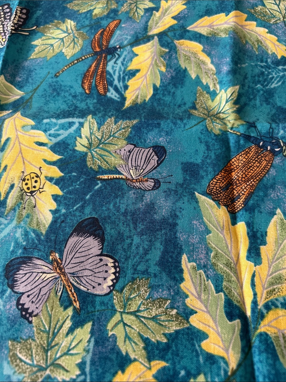 NWOT Cotton Teal Botanical fabric with Butterflies and green leaves 18” x 22”